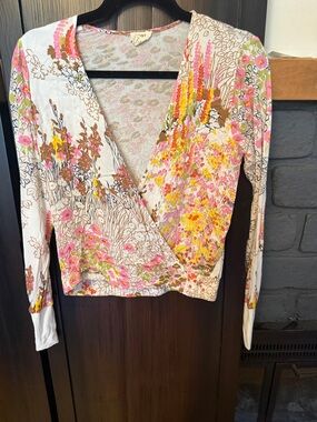 Floral Wrap Crop Top in Cream with Pink & Yellow Accents